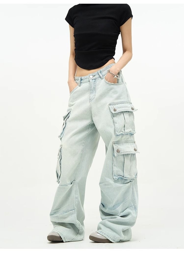 Jeans multitasche stile boy per uomo, pantaloni cargo a gamba larga blu retrò di nicchia, pantaloni alla moda europei e americani per coppie_voghion.com