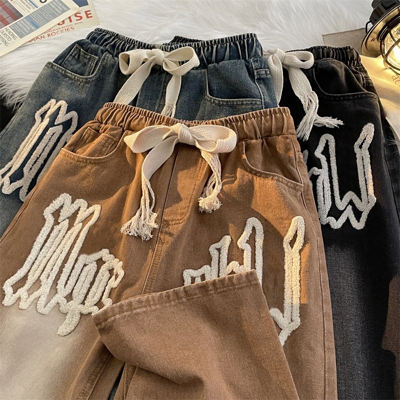 boy Towel Embroidered Jeans For Men, European American High Style, Washed And Distressed, Street Hip-Hop Loose Fit, Letter_voghion.com