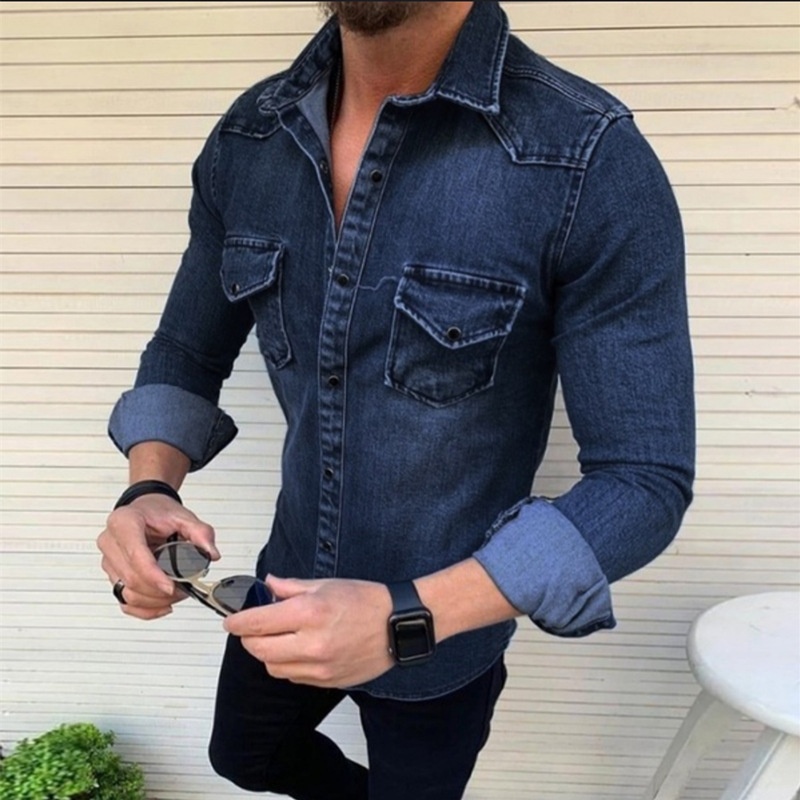 boy 2020 European And American Autumn Winter New Solid Color Slim Fit Men's Denim Shirt Turn-down Collar Jacket_voghion.com