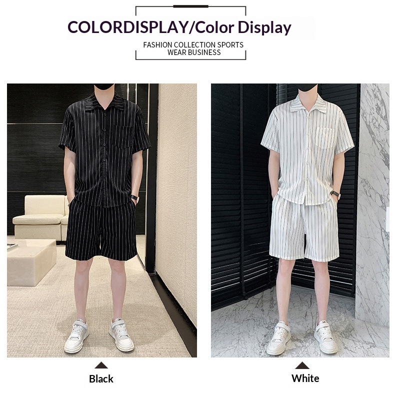 Ice Silk Suit Casual For Men Summer Thin Trendy Loose Striped Shirt Breathable Two-Piece Set_voghion.com