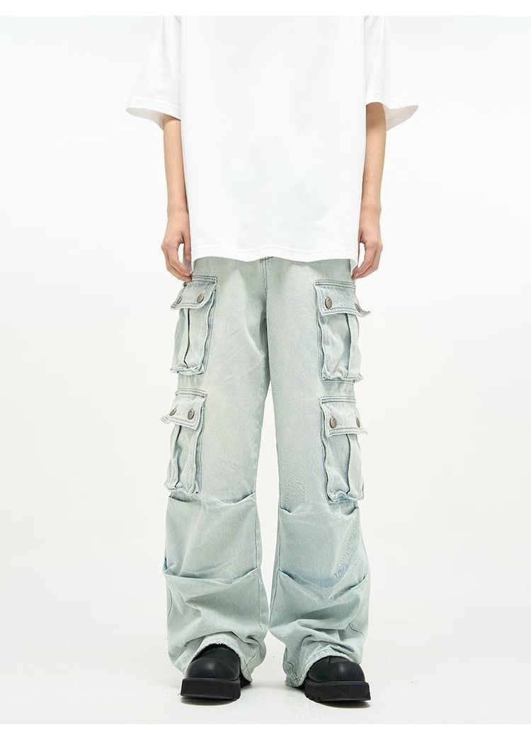 Jeans multitasche stile boy per uomo, pantaloni cargo a gamba larga blu retrò di nicchia, pantaloni alla moda europei e americani per coppie_voghion.com