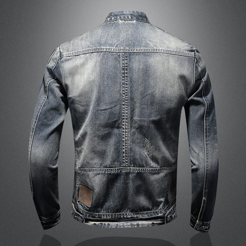 Veste en jean haut de gamme pour homme, style rétro décontracté européen et américain, grandes tailles, col montant, fermeture éclair, tendance pour le cyclisme et la moto_voghion.com