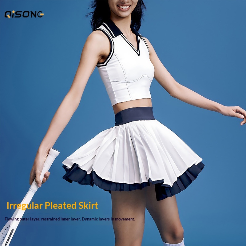 Falda de tenis plisada de doble capa con bloques de color para mujer, chaleco deportivo con cuello tipo polo, invisible y transpirable._voghion.com