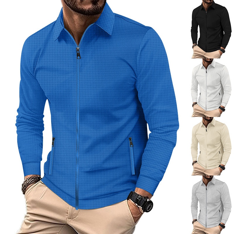 Giacca casual da uomo con polo e cerniera, a maniche lunghe, con colletto a nido d'ape transfrontaliero europeo e americano, cappotto autunnale_voghion.com