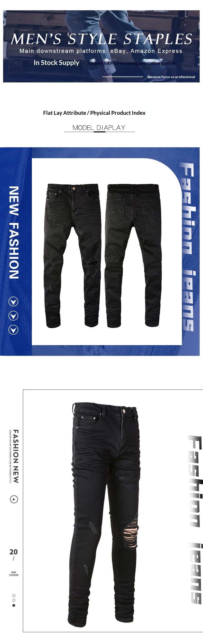 boy European And American Cross-Border Trendy Brand Black Ripped Patched Stretch Slim Fit Men's Jeans Wholesale Export_voghion.com