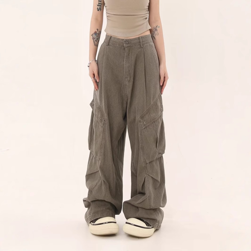 Jeans cargo a gamba dritta con design di nicchia transfrontaliero per uomo, stile High Street, larghi, con tasche grandi, europei e_voghion.com