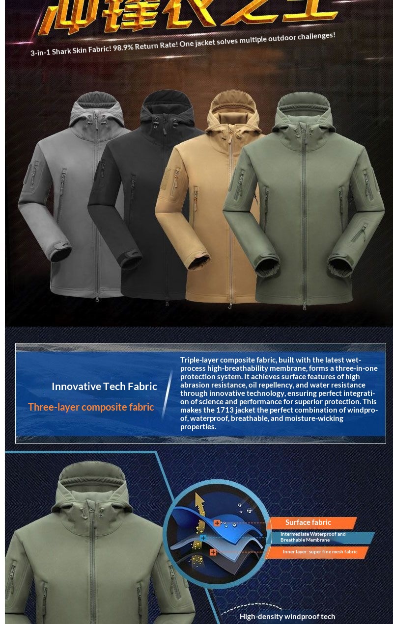 boy Boy Outdoor Shark Skin Jacket For Men, Autumn And Winter Fleece Coat, Soft Shell Windproof Waterproof Tactical Suit, Thermal_voghion.com