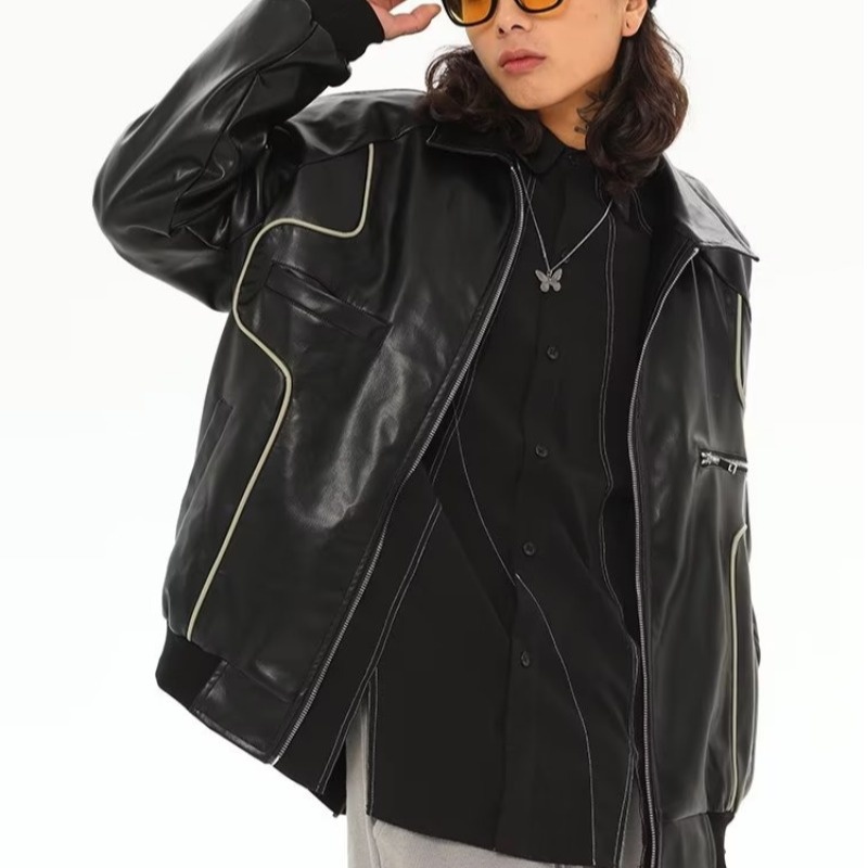 Giacca in pelle antivento larga da uomo, stile motociclista retrò europeo americano High Street, marchio alla moda Ins_voghion.com