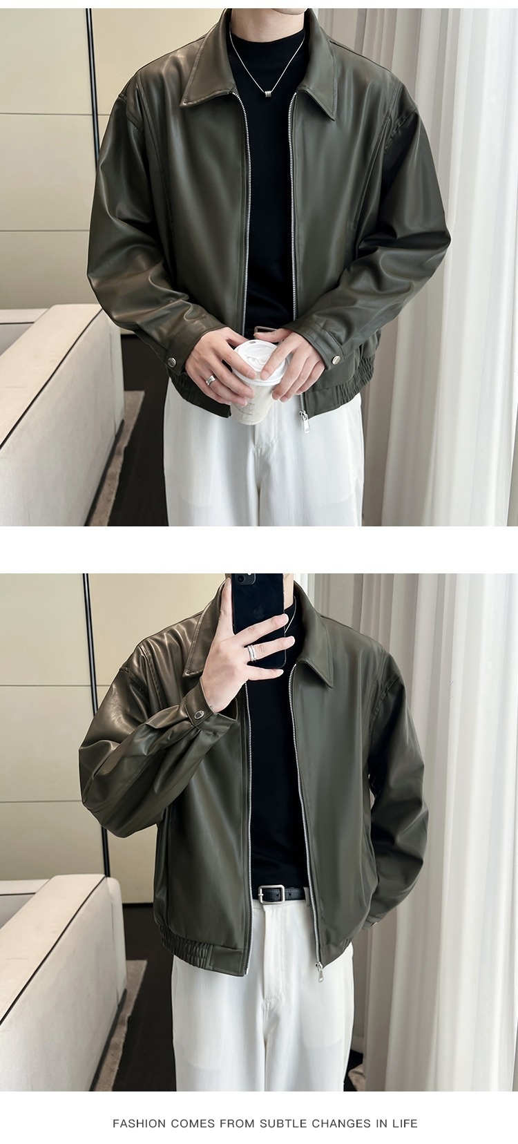 Giacca da motociclista da uomo in pelle con cerniera imbottita e design di nicchia Pishi Pu, autunno inverno, cappotto alla moda_voghion.com