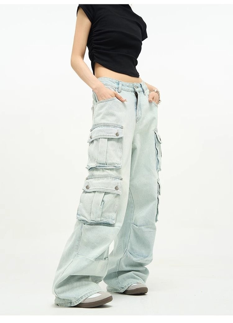 Jeans multitasche stile boy per uomo, pantaloni cargo a gamba larga blu retrò di nicchia, pantaloni alla moda europei e americani per coppie_voghion.com