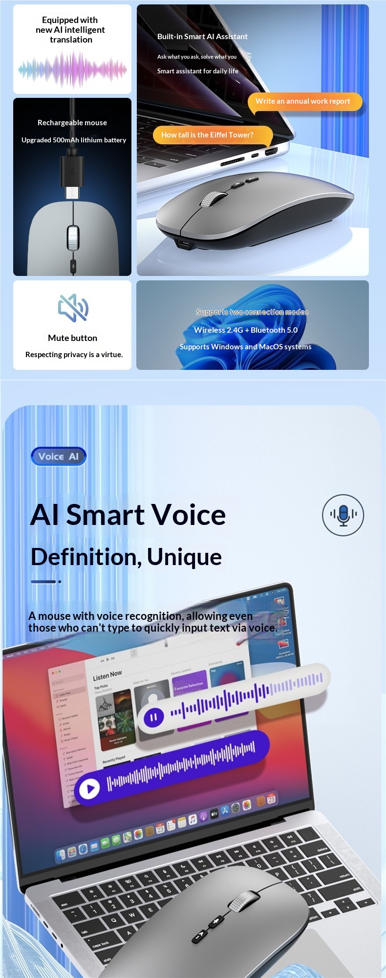 Souris sans fil Bluetooth Digitex, rechargeable, silencieuse et sans bruit, pour ordinateur portable, tablette, bureau à domicile, saisie vocale._voghion.com