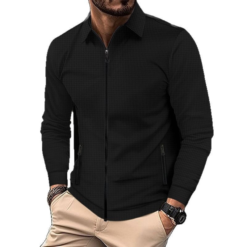 Giacca casual da uomo con polo e cerniera, a maniche lunghe, con colletto a nido d'ape transfrontaliero europeo e americano, cappotto autunnale_voghion.com