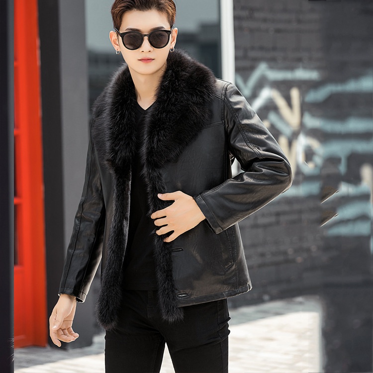 boy Shearling PU Short Style With Fur Collar Men's Fleece Lined Thickened Leather Jacket Warm Winter_voghion.com