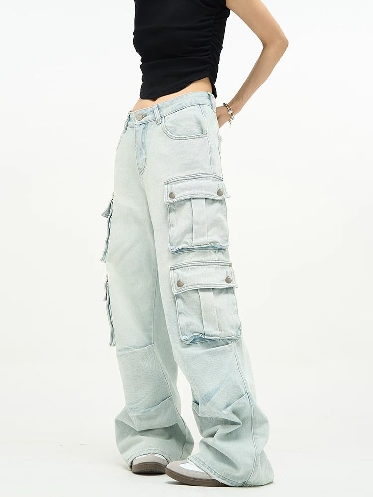 Jeans multitasche stile boy per uomo, pantaloni cargo a gamba larga blu retrò di nicchia, pantaloni alla moda europei e americani per coppie_voghion.com