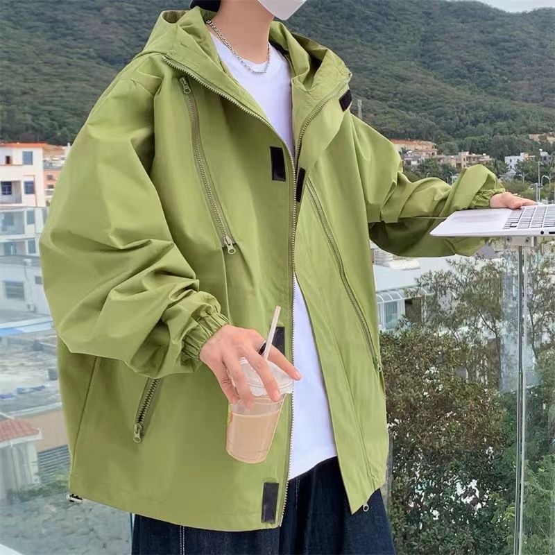 Giacca a vento con cappuccio e cerniera impermeabile funzionale da uomo, stile Boy American High Street, alla moda, primavera e autunno, taglie forti_voghion.com