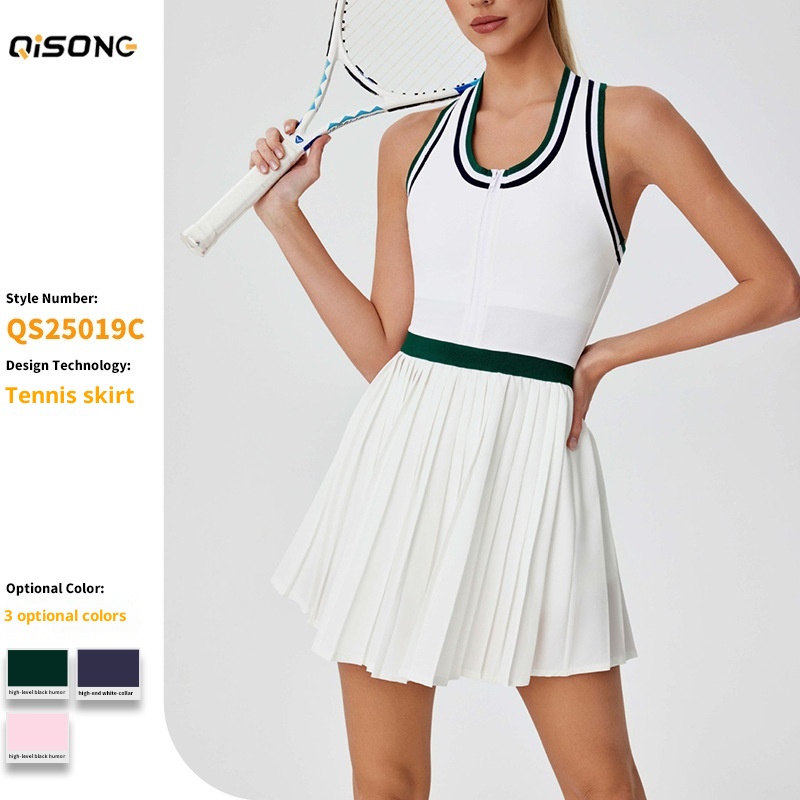001 Cross-Border New Zipper Fitness Wear Color-Block High-Waist Outdoor Badminton Sports Breathable Golf Tennis Skirt For_voghion.com