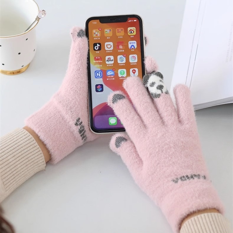 boy Boy Boy Cartoon Touchscreen Winter Cycling Thickened Windproof Warm Five-Finger Panda Cute Knitted Gloves Wholesale_voghion.com