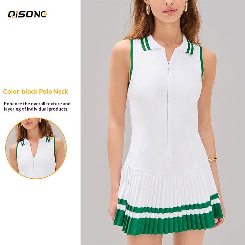 001 Cross-Border Zipper Sleeveless Polo Collar One-Piece Tennis Women Quick-Drying Breathable Contrast Pleated Casual_voghion.com