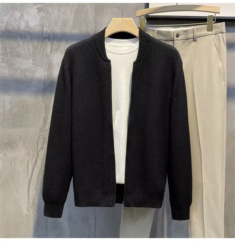 boy Boy Boy Spring And Autumn Doub Zipper Design Cardigan Solid Color Sweater Men's Simp Trendy Versati Knitted Jacket_voghion.com