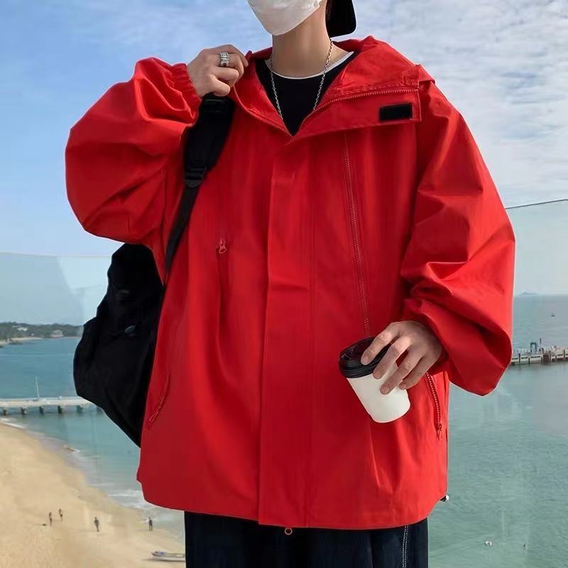 Giacca a vento con cappuccio e cerniera impermeabile funzionale da uomo, stile Boy American High Street, alla moda, primavera e autunno, taglie forti_voghion.com
