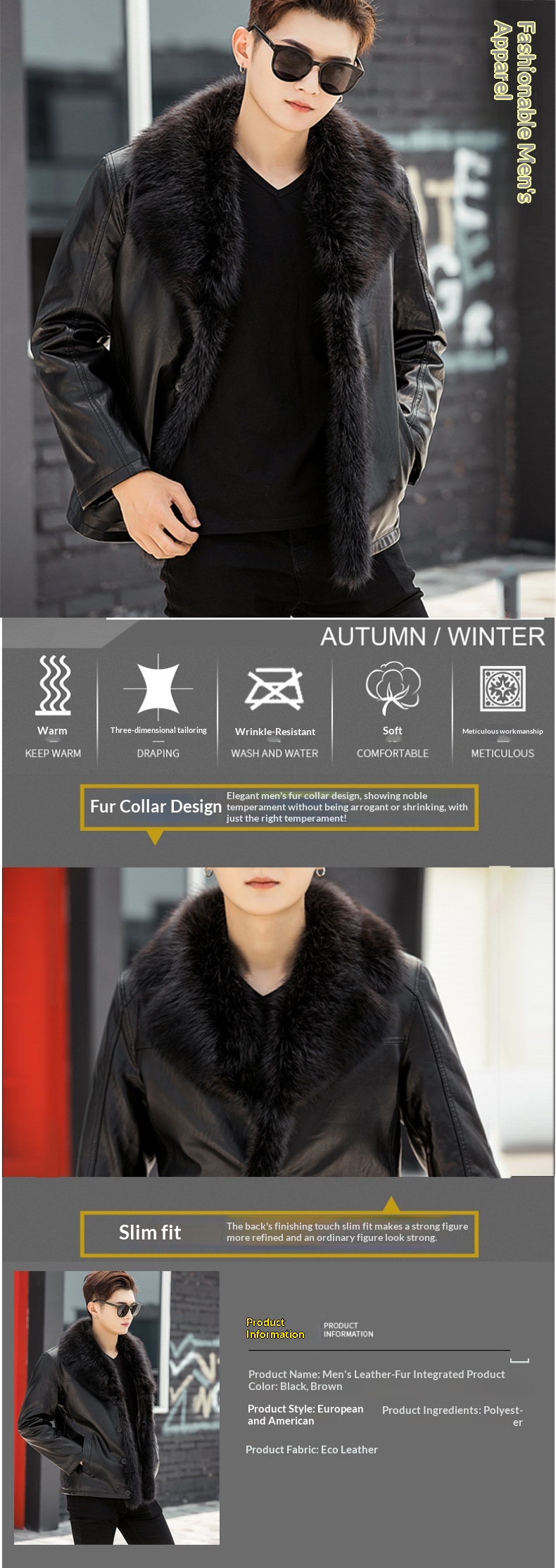 boy Shearling PU Short Style With Fur Collar Men's Fleece Lined Thickened Leather Jacket Warm Winter_voghion.com