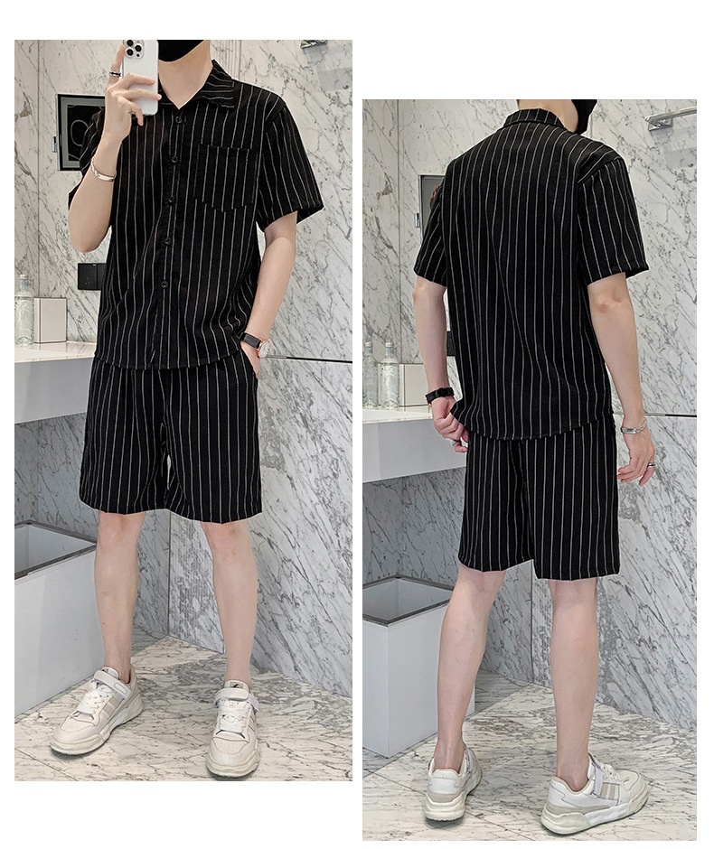 Ice Silk Suit Casual For Men Summer Thin Trendy Loose Striped Shirt Breathable Two-Piece Set_voghion.com