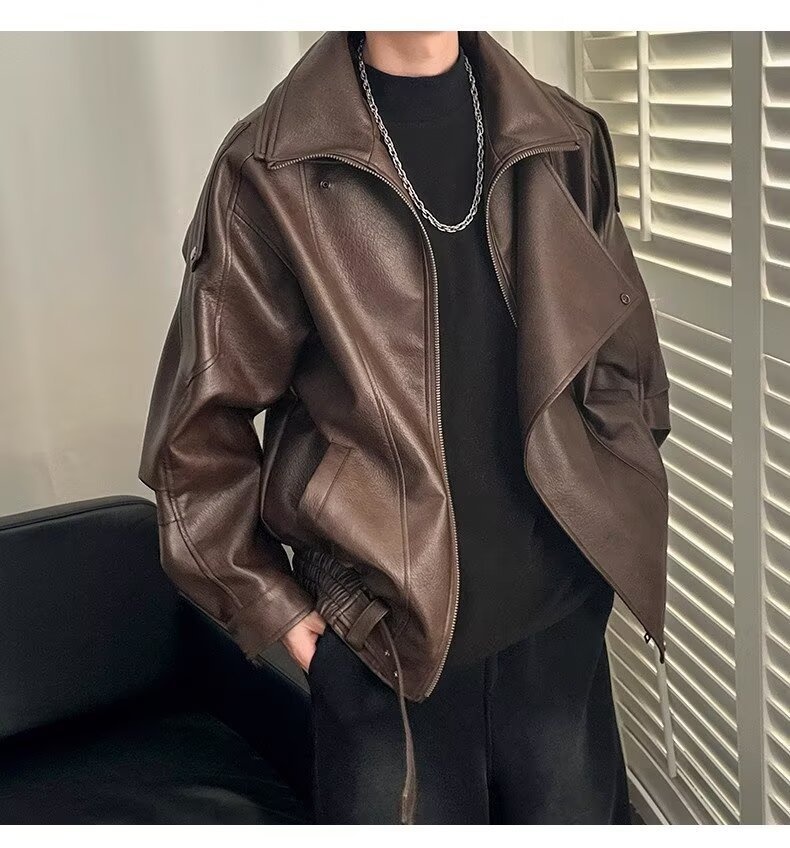 Giacca da motociclista di alta qualità con colletto rovesciato per uomo, stile europeo e americano, moda da strada alla moda, giacca da motociclista, PU coreano_voghion.com