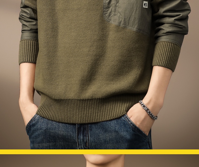 boy Boy Boy Boy High-End American Heavyweight Retro Color-Block Pocket Sweater For Men, Autumn Trendy Brand, Thick Loose Fit, Plus Size_voghion.com