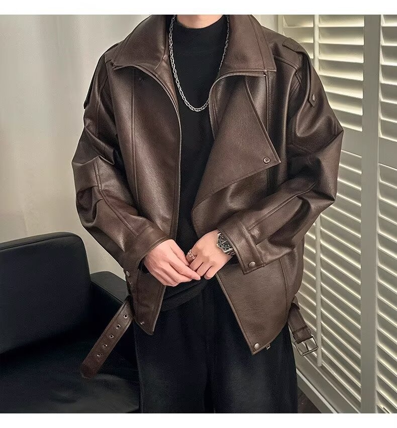 Giacca da motociclista di alta qualità con colletto rovesciato per uomo, stile europeo e americano, moda da strada alla moda, giacca da motociclista, PU coreano_voghion.com