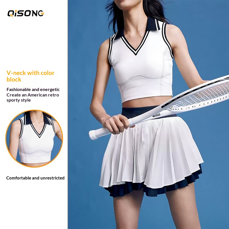 Falda de tenis plisada de doble capa con bloques de color para mujer, chaleco deportivo con cuello tipo polo, invisible y transpirable._voghion.com