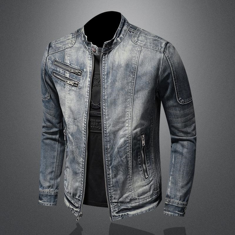 Veste en jean haut de gamme pour homme, style rétro décontracté européen et américain, grandes tailles, col montant, fermeture éclair, tendance pour le cyclisme et la moto_voghion.com