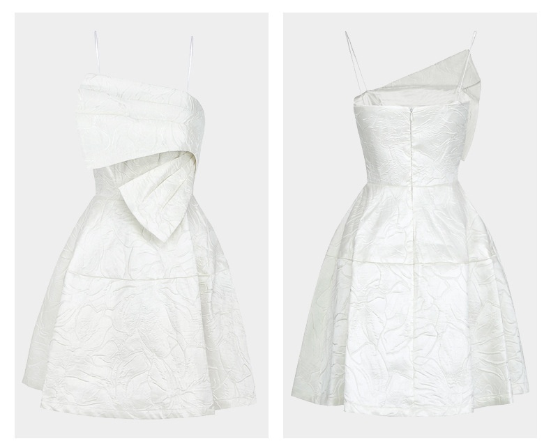 ChicShe ChicShe Robe courte blanche élégante et gracieuse à fines bretelles, style français, avec une coupe cintrée et un design raffiné. Robe jacquard._voghion.com
