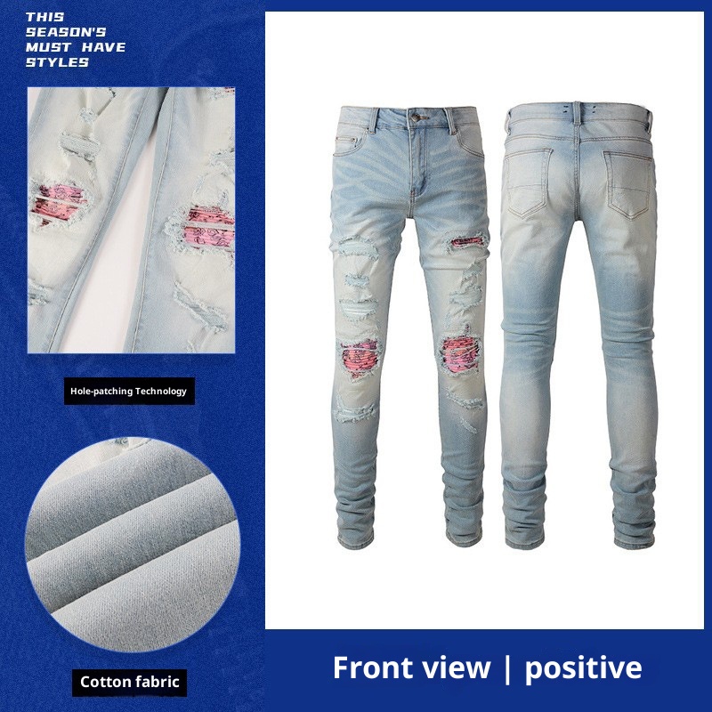 boy Cross-Border Jeans European And American Clothing High Street Paisley Light Color Colorful Ripped Patch Slim Fit Beggar_voghion.com