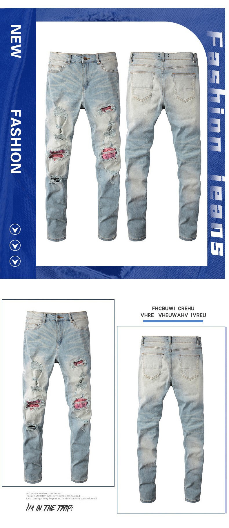 boy Cross-Border Jeans European And American Clothing High Street Paisley Light Color Colorful Ripped Patch Slim Fit Beggar_voghion.com