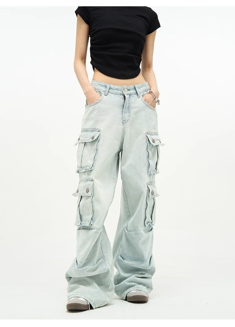 Jeans multitasche stile boy per uomo, pantaloni cargo a gamba larga blu retrò di nicchia, pantaloni alla moda europei e americani per coppie_voghion.com