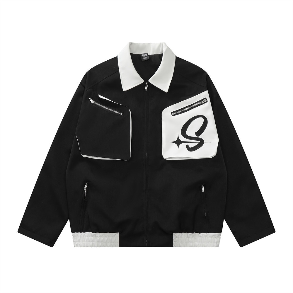 Ragazzo europeo e americano High Street Block Lapel Men Personality Loose Color Contrast Poc Zipper Design Moto_voghion.com