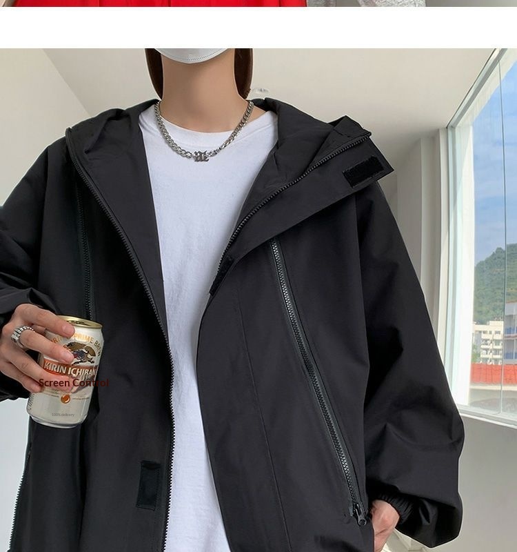 Giacca a vento con cappuccio e cerniera impermeabile funzionale da uomo, stile Boy American High Street, alla moda, primavera e autunno, taglie forti_voghion.com