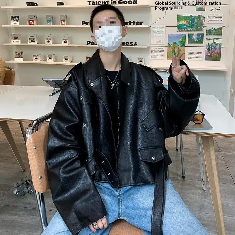 Giacca da motociclista corta in pelle color caffè Melard da uomo, stile street primaverile e autunnale, dal design unico, cool_voghion.com