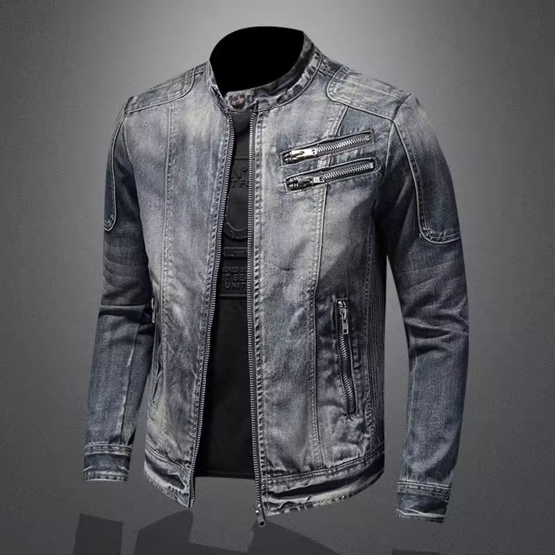 Trendige Herren-Denim-Jacke im europäischen und amerikanischen Stil, große Größe, Stehkragen, Reißverschluss, Retro-Blau_voghion.com