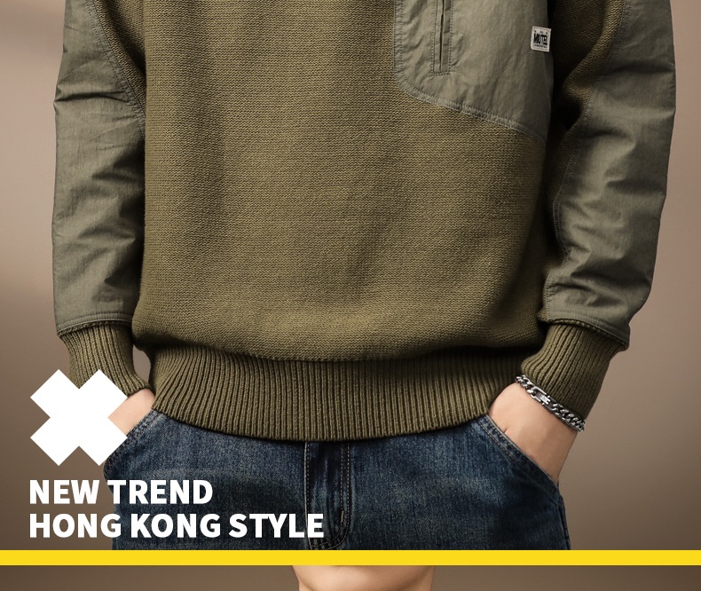 boy Boy Boy Boy High-End American Heavyweight Retro Color-Block Pocket Sweater For Men, Autumn Trendy Brand, Thick Loose Fit, Plus Size_voghion.com