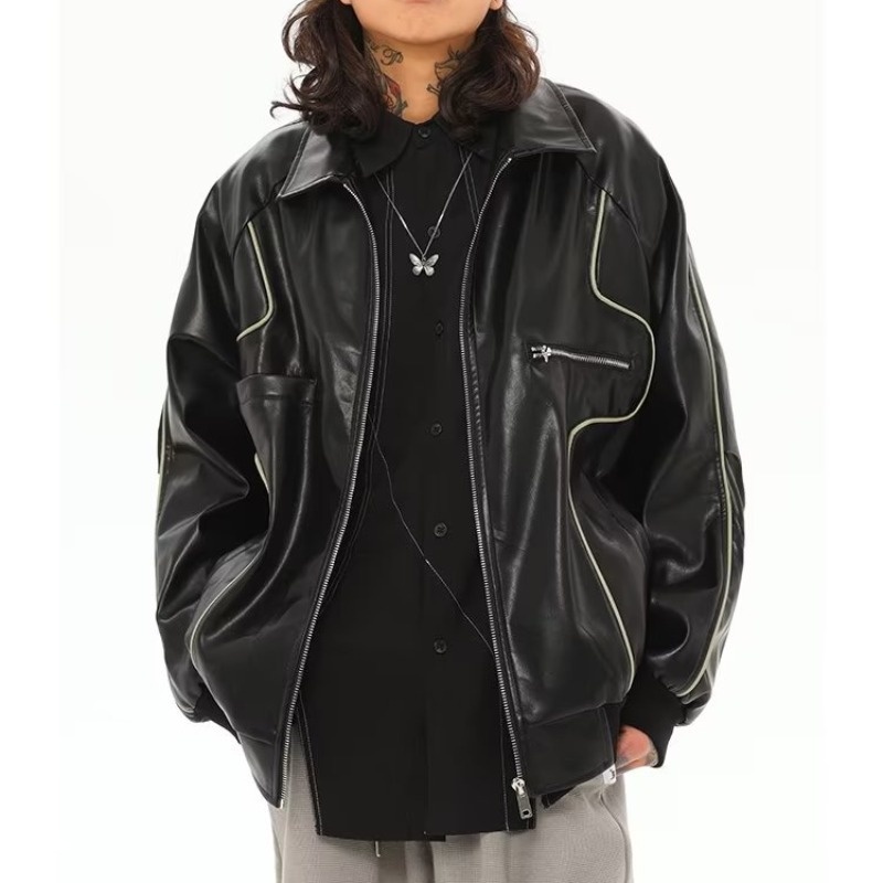 Giacca in pelle antivento larga da uomo, stile motociclista retrò europeo americano High Street, marchio alla moda Ins_voghion.com