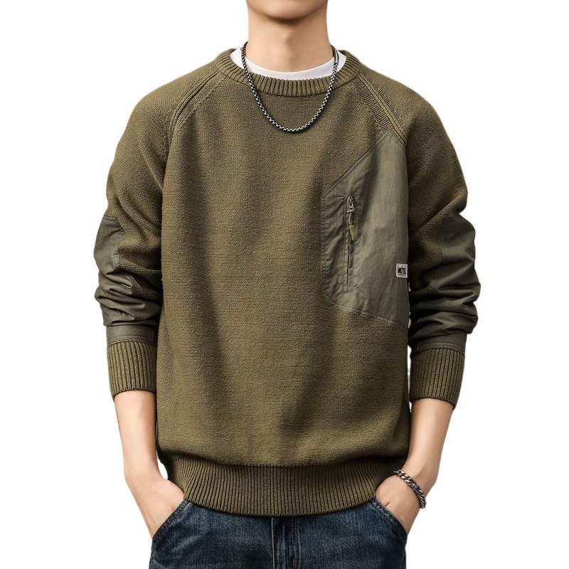 boy Boy Boy Boy High-End American Heavyweight Retro Color-Block Pocket Sweater For Men, Autumn Trendy Brand, Thick Loose Fit, Plus Size_voghion.com