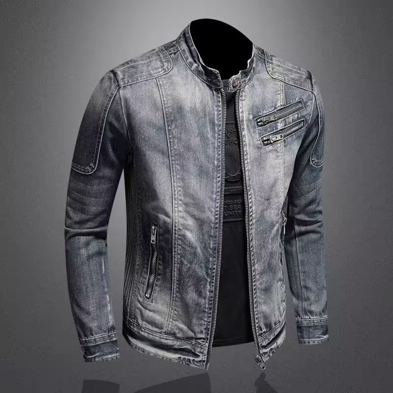 Trendige Herren-Denim-Jacke im europäischen und amerikanischen Stil, große Größe, Stehkragen, Reißverschluss, Retro-Blau_voghion.com