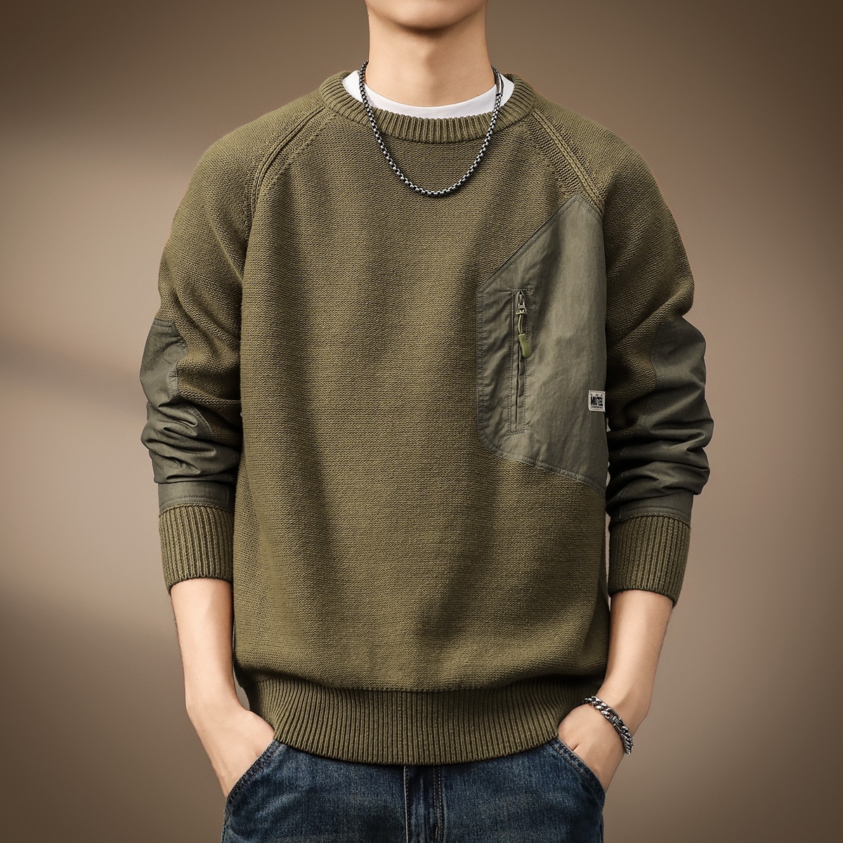 boy Boy Boy Boy High-End American Heavyweight Retro Color-Block Pocket Sweater For Men, Autumn Trendy Brand, Thick Loose Fit, Plus Size_voghion.com
