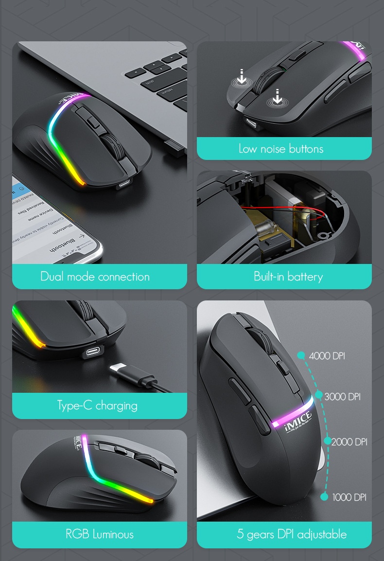 Digitex Digitex IMICE Factory Direct Supply Cross-Border Bluetooth Dual-Mode 6 Button RGB Rechargeable Silent Type-C Wireless Gaming_voghion.com