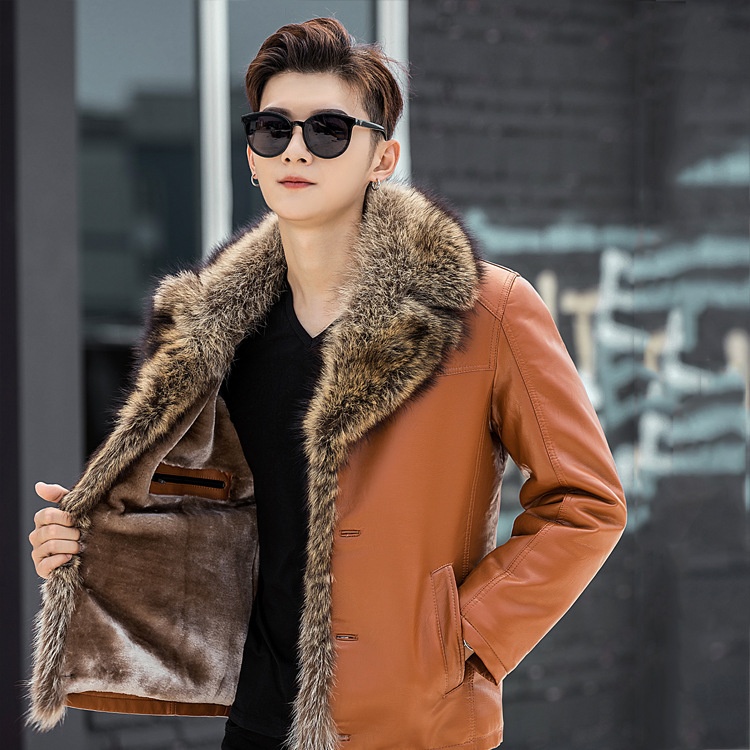 boy Shearling PU Short Style With Fur Collar Men's Fleece Lined Thickened Leather Jacket Warm Winter_voghion.com