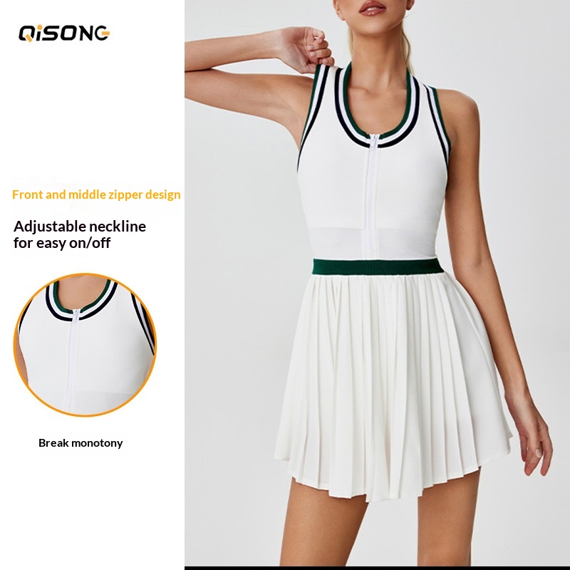 001 Cross-Border New Zipper Fitness Wear Color-Block High-Waist Outdoor Badminton Sports Breathable Golf Tennis Skirt For_voghion.com