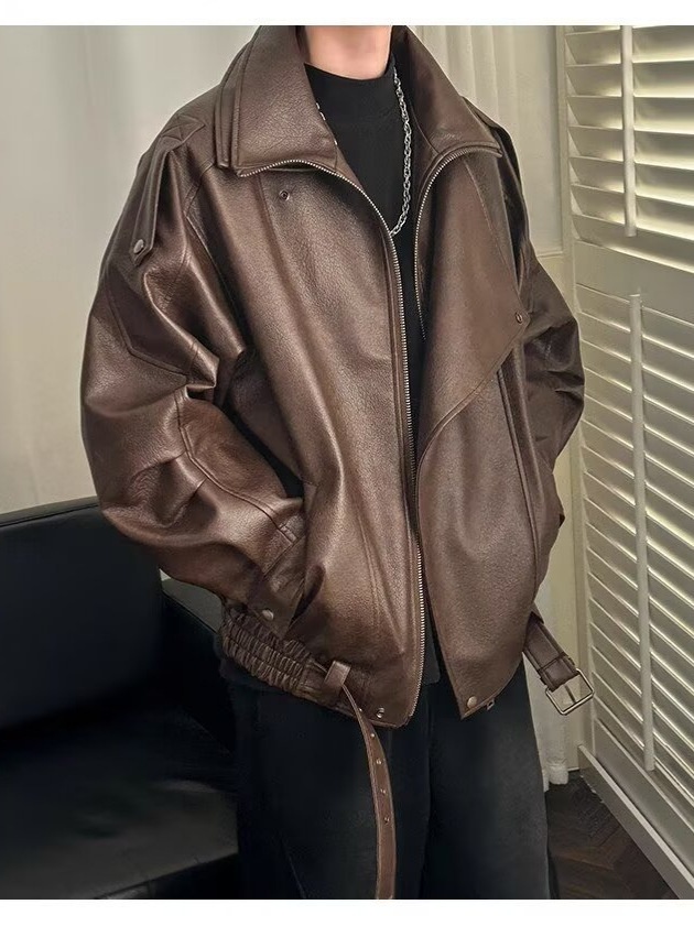 Giacca da motociclista di alta qualità con colletto rovesciato per uomo, stile europeo e americano, moda da strada alla moda, giacca da motociclista, PU coreano_voghion.com