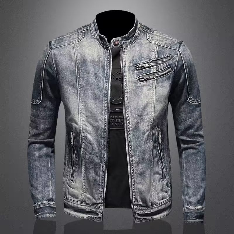 Trendige Herren-Denim-Jacke im europäischen und amerikanischen Stil, große Größe, Stehkragen, Reißverschluss, Retro-Blau_voghion.com
