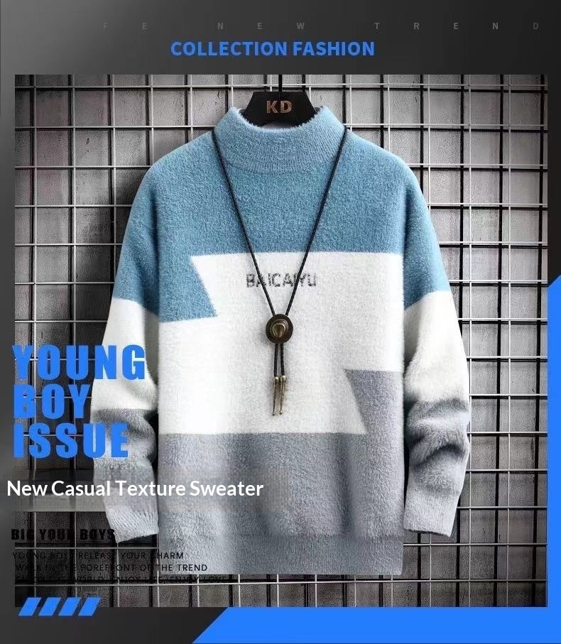 boy Mink Wool Sweater For Men, Autumn And Winter Base Shirt, Half Turtleneck, Mid Collar, Stylish Student_voghion.com